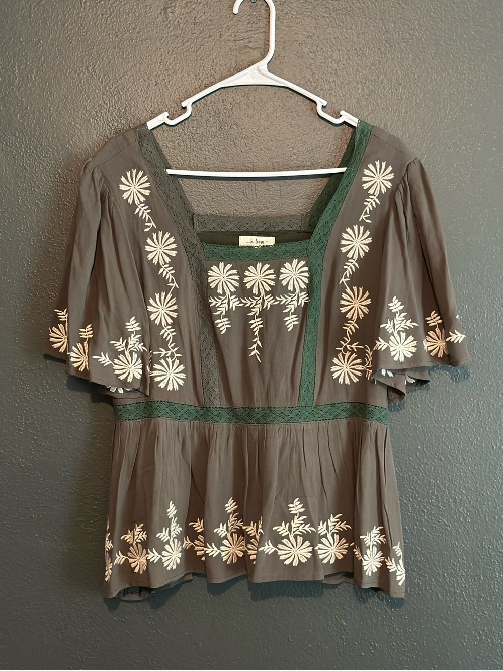 In Loom Embroidered Olive Green Peplum Blouse with Cream Floral Detail
